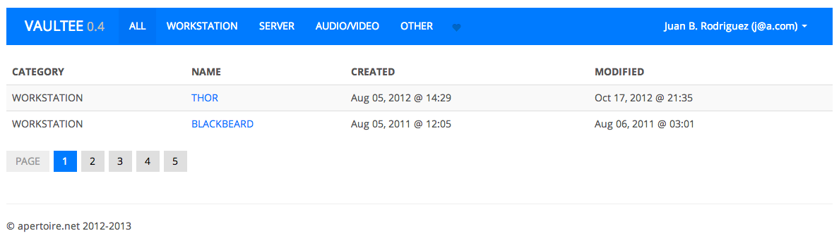 Home page listing all assets